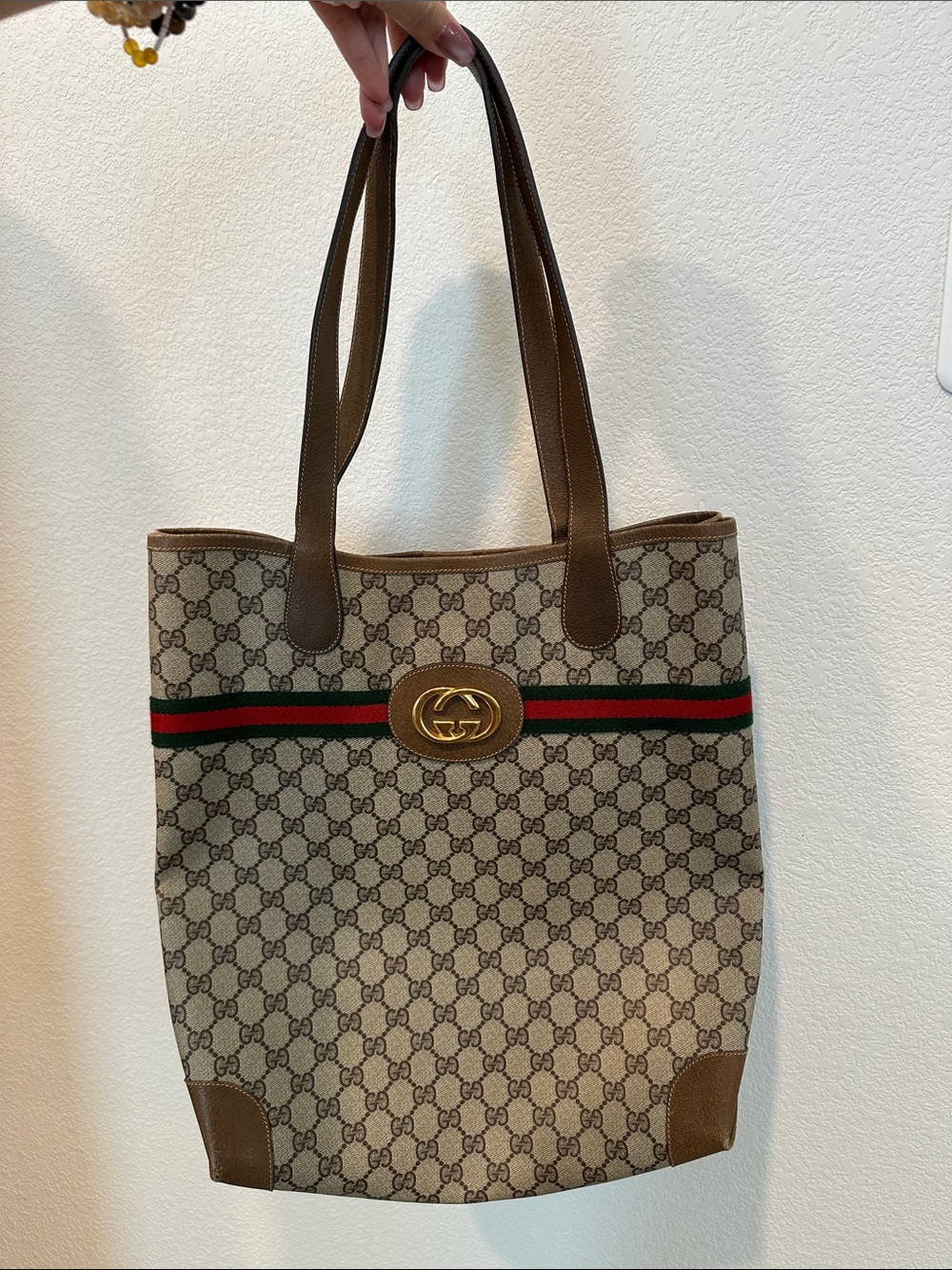 Gucci Beige Brown GG Supreme Tote with Green-Red Web Stripe